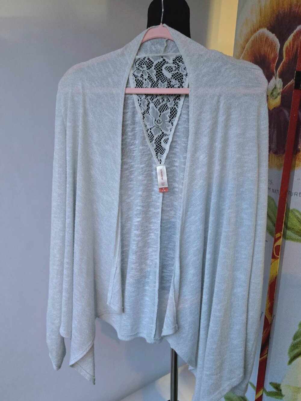 no boundaries Silver Light Grey Waterfall Cardigan Lace Back Ruched Sleeves